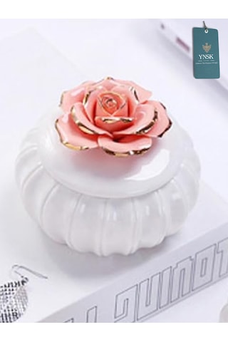 Flowers Kapaklı Çiçekli Dekoratif Seramik Saklama Kutusu / Takı Kutusu Yavru Ağzı