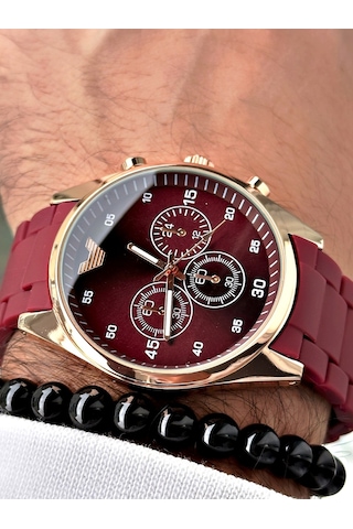 Premium Tasarım Silikon Kordon Exclusive Serisi Metal Kasa Erkek Kol Saati-bileklik Hediyeli Bordo