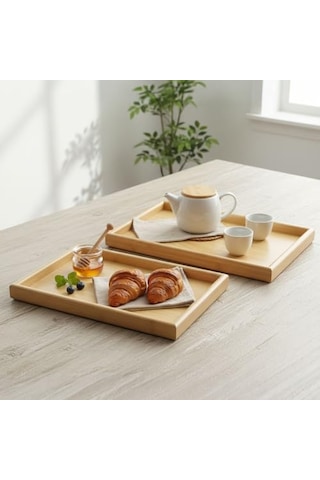 2'li Ekonomik Ahşap Bambu Tepsi Seti - Çay Kahve Sunum Ve Dekoratif Düzenleyici Tepsi 20x30 Cm & 35x25 Cm - Doğal