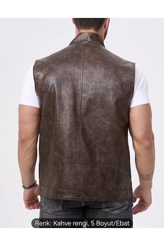 Uzun Hakim Yaka Regular Fit Hakiki Deri Yelek Kahverengi