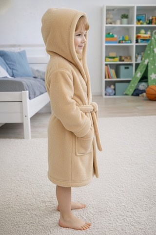 Luna Soft Kız / Erkek Çocuk Kapşonlu Pamuklu Bornoz Peluş Sabahlık 5/6 Yaş Bej