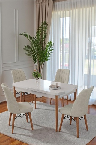 80x170cm Mutfak Masası Takımı 4 Kişilik Açılır Masa Sandalye Takımı - Beyaz Masa- Krem Çok Renkli