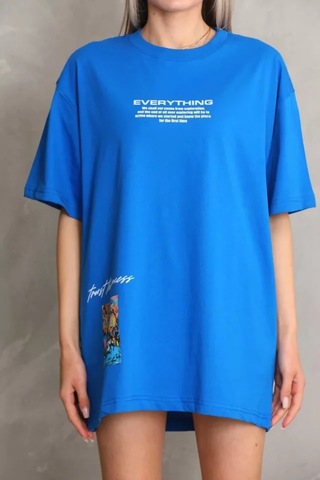 Ge Ticaret Unisex Bisiklet Yaka Baskılı Oversize T-shirt - Mavi Mavi