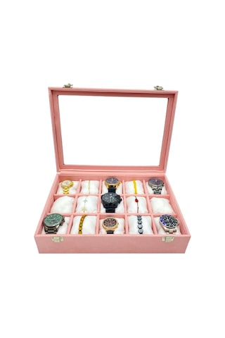 Saat Kutusu 15 Li Camlı Pembe Süet Pembe