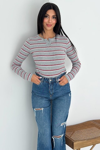 Noa & Noa Kadın Çizgili Düğme Detaylı Bluz Retro Stripe Kırmızı
