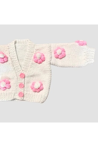 Uretti - Gülnur 2184 - El Örgüsü Çiçek Motifli Çoraplı Kız Çocuk Hırka 4 Yaş - Beyaz Beyaz