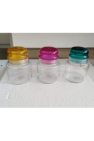 Vakumlu Renkli Kapak Cam 3'lü Kahve,şeker Kavanozu Seti 635 Cc