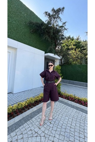 Primemagazam Kadın Yakalı Gömlek Kemerli Şortlu Alt-üst Takım - Bordo Çeşitli