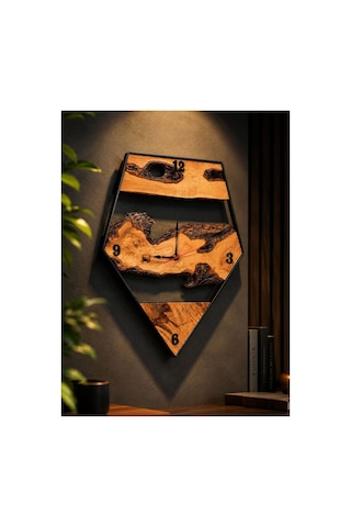 Doğal Zeytin Ahşap Duvar Saati 47x62 Cm El Yapımı Dekoratif Modern Duvar Saati Geometrik Metal Çerçeveli Şık Tasarım Kahverengi