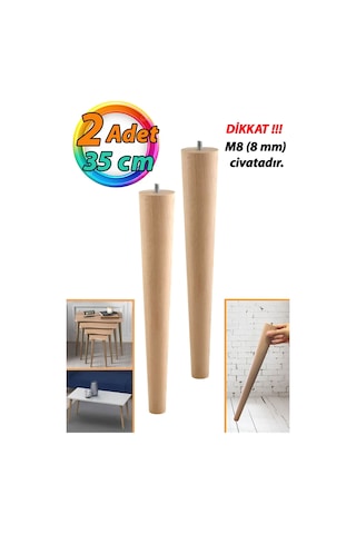 2 Adet Ahşap Ayak 35 Cm Masa Zigon Sehpa Tv Ünitesi Puf Tabure Ayağı Ayakları Konik M8 Civatalı Bej Renkli