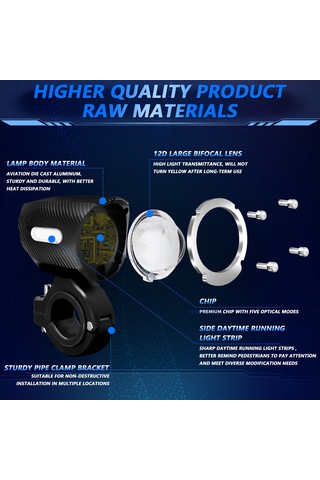 Leezsing M10 Motosiklet Led Farı - 18000lm, 6 Led Çipli, 3 Renk Seçenekli, Ip67 Su Geçirmez Siyah