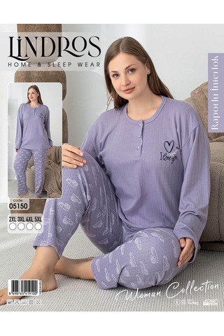 Lindros Kadın Pamuk'lu Düğme Yaka Raporlu İnterlok Kışlık Battal Pijama Takımı 05150 - 1 Adet Lila