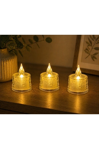 Led 3 Adet Dekoratif Mum Sarı Işık Alev Efektli Tealight Gece Lambası Beyaz