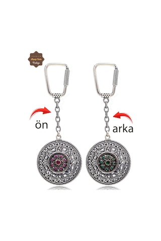 Yakut Ve Zümrüt Taşlı Yıldız Model Çift Taraflı Oksitli Gümüş Telkari Anahtarlık 201025179 Gümüş