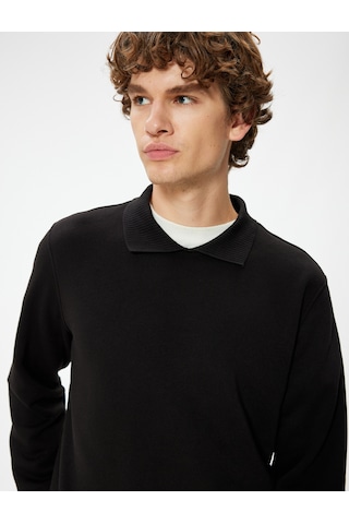 Koton Polo Yaka Sweatshirt Uzun Kollu Şardonlu Pamuk Karışımlı Siyah 5wam70030mk Siyah