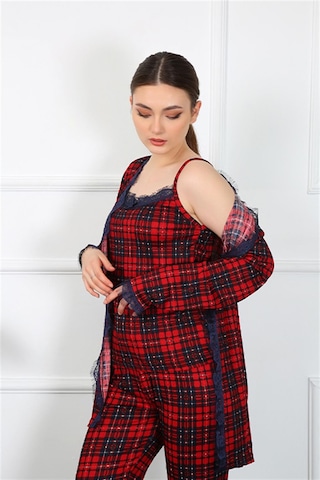 İbrahim Burak Etiler Collection Moda Çizgi Kadın 3'lü Ekoseli Sabahlık Takım 16106 Kırmızı