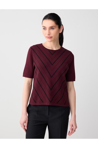 Jimmy Key Jimmy Key Bordo Polo Yaka Kısa Kollu Çizgi Desenli Triko Bluz 6sw035609562