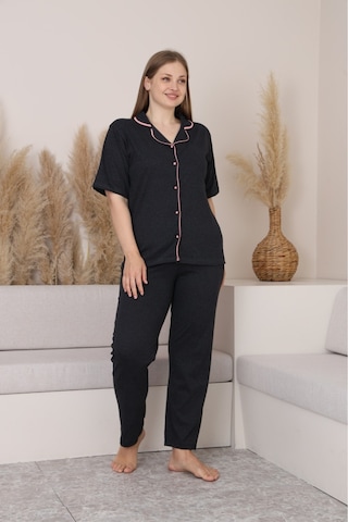 SUDE HOMEWEAR Kadın Füme Büyük Beden Kısa Kol Pijama Takımı Siyah