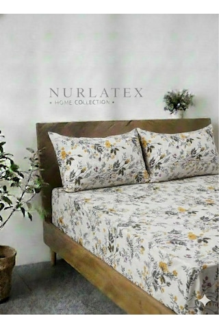 Nurlatex Çiçekli Battal Boy Lastikli Çarşaf Seti Beyaz Sarı