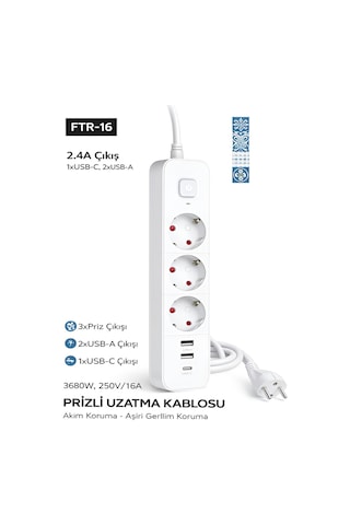 Ftr/16 3680w 16a 3 Priz, 2 Usb, 1 Type-c, 1.8 Metre Akım Korumalı