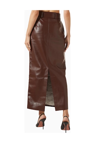 Rowen Rose Belted Maxi Skirt, Lüks Eco Leather Kuşaklı Şık Maxi Etek Kahverengi