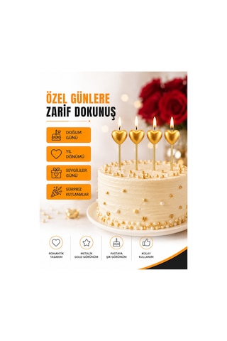 4'lü Gold Kalpli Doğum Günü Mumu 14 Cm Metalik Kalp Pasta Mumu Dekoratif Kutlama Mumu