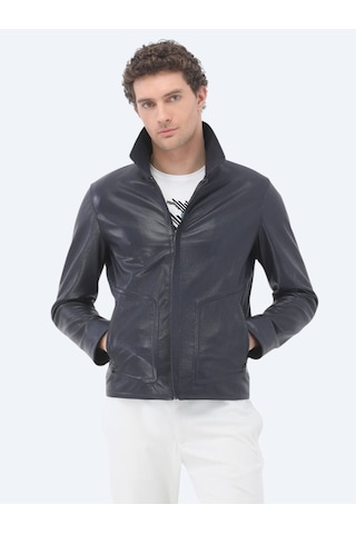 Kip Lacivert Regular Fit Bebe Yaka Smart Casual Koyun Derisi Deri Mont