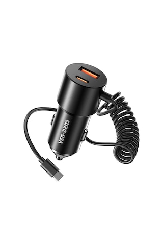 Ven-dens Vd-cc025 60 W Hızlı Araç Şarj Cihazı, Type-c Ve Usb Çift Port, Dahili Kablolu, Siyah