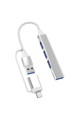 Fastbuy Alüminyum Gövde 4 Port Usb 3.0 Hub - Usb Type-c Çift Girişli Genişletme Dönüştürücü Gümüş
