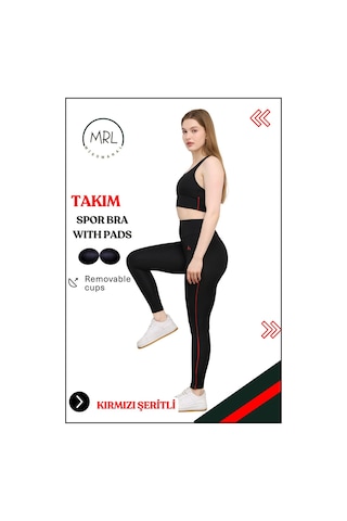 Missmaral Kadın Spor Takım Yüksek Bel Tayt Pedli Büstiyer Sport Team High Waist Padded Bustier Black 3048 Siyah Kırmızı