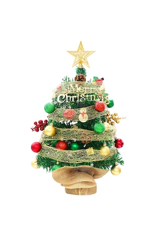 1.5ft Masa Üstü Yıldızlı Noel Ağacı Kırmızı Yeşil Toplar Yeşil