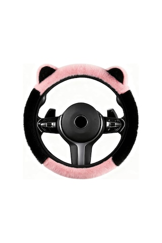 Kulaklı Pembe Peluş Direksiyon Kılıfı Kadınlara Özel Tüylü Direksiyon Kılıfı