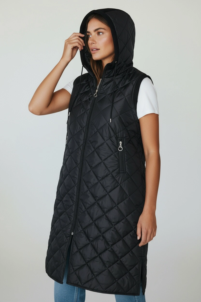 Kadın Önü Fermuarlı Yanlardan Cepli Kapüşonlu Kapitone Yelek Beyaz Siyah