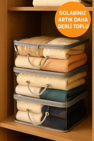 Şeffaf Kapaklı Hurç 28x32x15 Cm Orta Boy Dolap İçi Kıyafet Ve Havlu Düzenleyici Gri