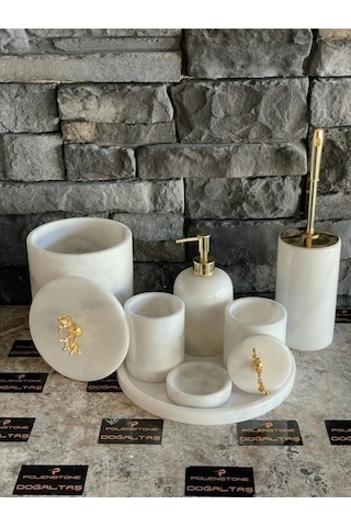 Beyaz Mermer Gold Mercan Aksesuarlı 7'li Banyo Seti Beyaz