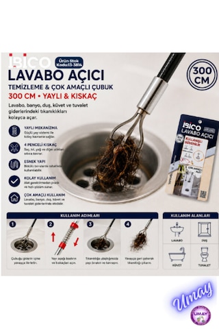 300 Cm 3 Metre Kıskaçlı Gider Açma Aparatı Tıkanmış Lavabo Evye Küvet Gider Borusu Açma Aparatı