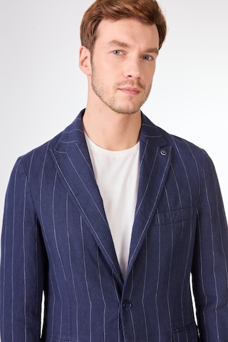 Dufy Lacivert Erkek Regular Fit Çizgili Sivri Yaka Keten Ceket - 104439 Lacivert
