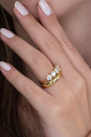 Takı Dükkanı Gold Renk 4mm Gümüş Alyans Ve Hafif Gümüş Beştaş Yüzük Seti Wsr124