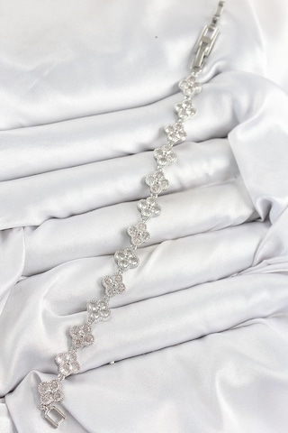 Pirinç Zirkon Taşlı Yonca Model Gümüş Renk Vıp Seri Kadın Bileklik Çok Renkli