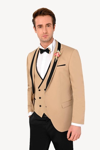 Ysf Erkek Bej Slim Fit Yelekli Şal Yaka Damatlık