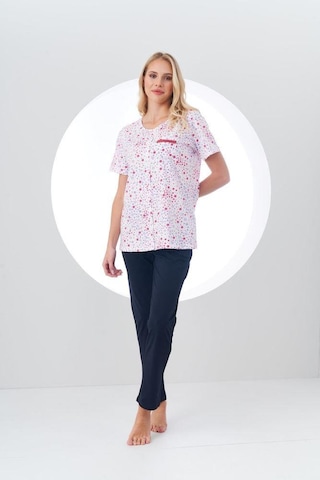 Pjs Kadın Desenli Önden Düğmeli Kısa Kollu Pijama Takım Beyaz