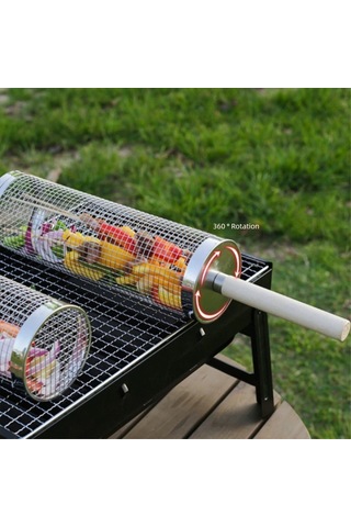 Geeroyoo 304 Paslanmaz Çelik Kaydırmalı Barbekü Kafesi, Dış Mekan Bbq İçin Ahşap Saplı, Dengeli Pişirme Ve Kolay Kullanım Özellikli, Çelik Çatal Ve Kanca İle Tamamlanmış Set Gümüş