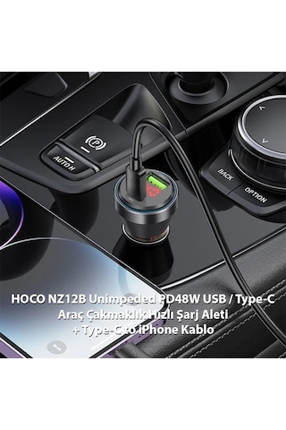 Hoco Nz12b Unimpeded Pd48w Usb + Type-c Araç Çakmaklı Hızlı Şarj Aleti + Type-c To İphone Kablo- 5775