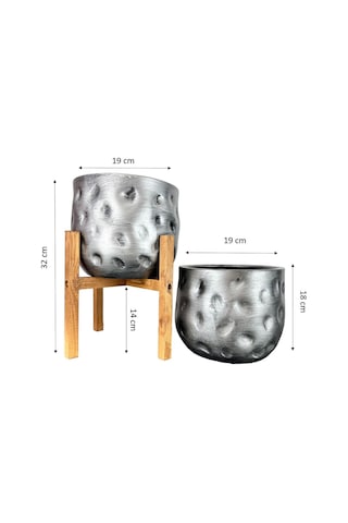 Bitki Tasarımı Ev Dekorasyon Aksesuar Gümüş Desenli Toprak Saksı Saksılık Salon Çiçeklik İkili Set 4 Ayaklı - Ayaksız 19 Cm