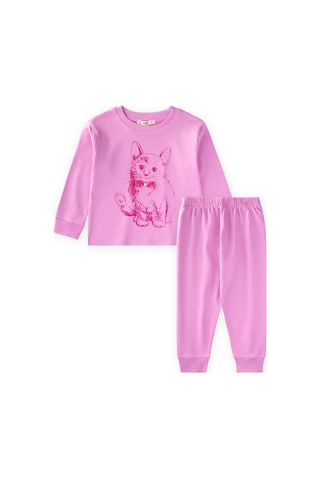 Cigit Kedi Baskılı Pijama Takım 2-8 Yaş Pembe Pembe
