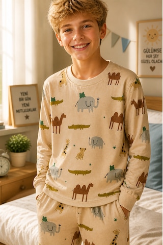 Durukoza %100 Pamuk 4 Mevsim Çocuk Pijama Takımı 8-13 Yaş Yumuşak Dokulu Açık Bej