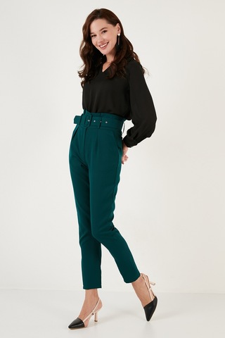 Lela Yüksek Bel Cepli Kemerli Regular Fit Kumaş Bayan Pantolon 611Pl04 Zümrüt