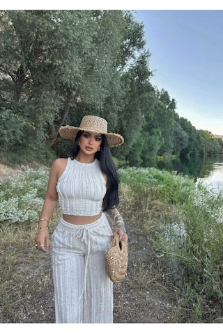 Evoa Kadın Bej Halter Yaka Crop & Bol Paça Pantolon Fırfır Detaylı Gagari Takım Bej Bej