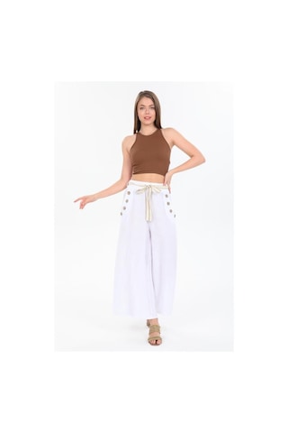 Eren Style İtalyan Korsajlı Düğme Detay Otantik Detay Kemerli Bol Paçalı Keten Pantolon-9888 Beyaz
