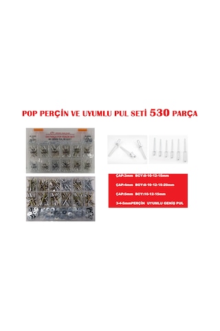 POP PERÇİN VE UYUMLU PUL SETİ 530 PARÇA  3-4-5mm
